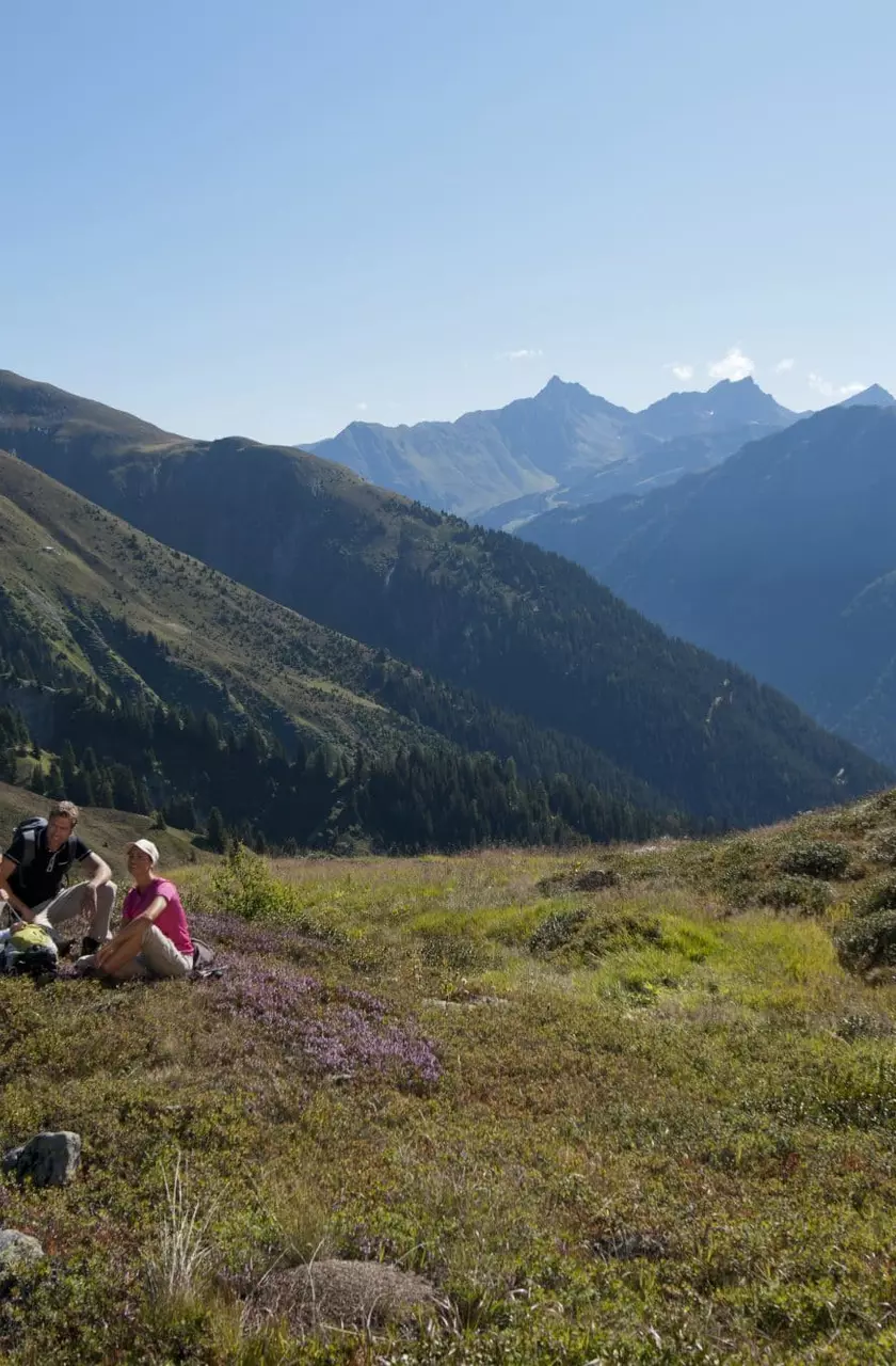 Familie auf einer Wiese in der Natur beim Wandern in den Bergen im Sommer bei Sonnenschein